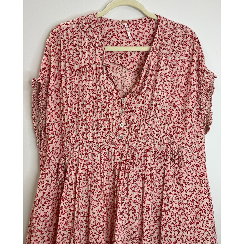 Free People One Fine Day Mini Dress Red Cream Ditsy Floral Pintuck XS Oversized - Picture 3 of 15
